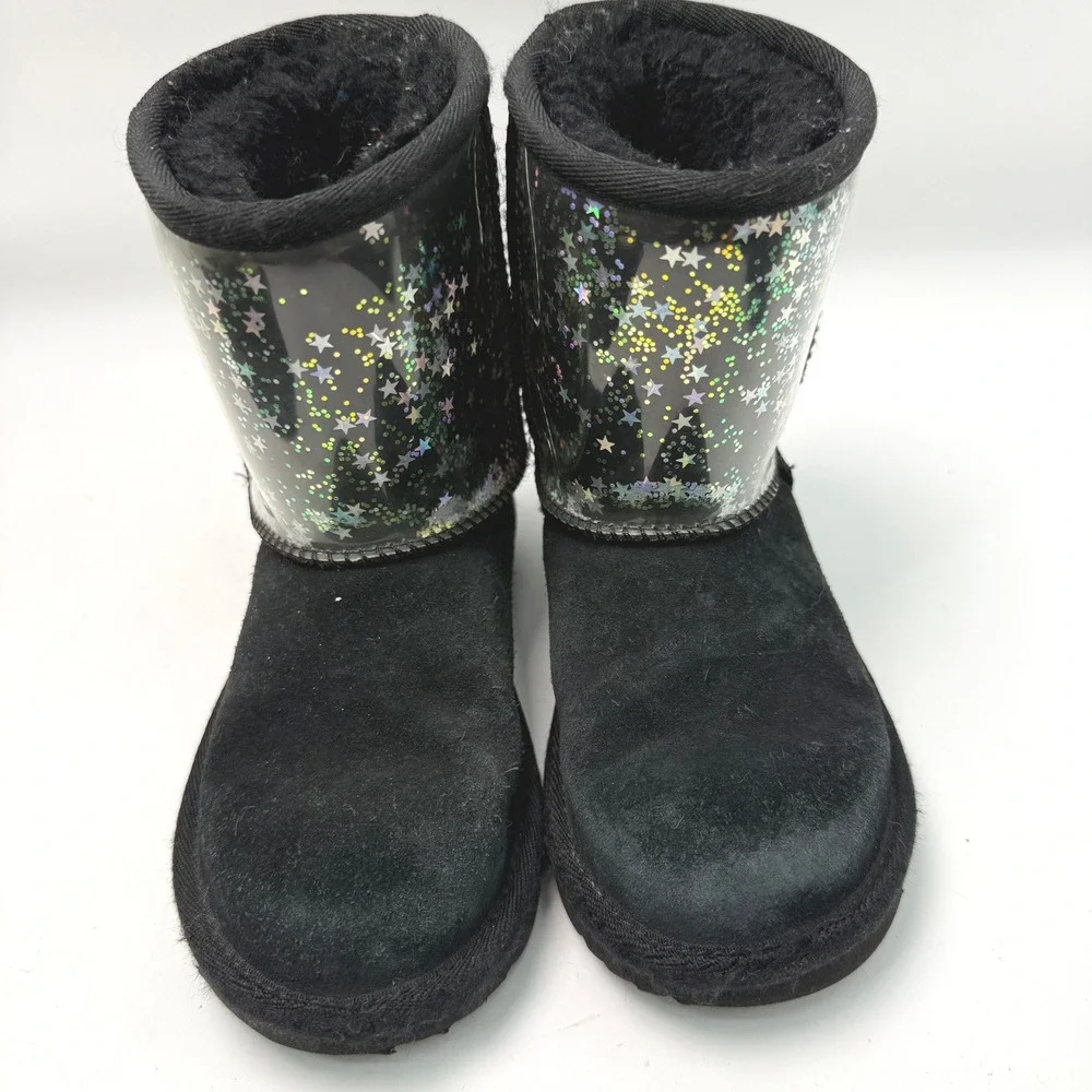 UGG Classic Kids 11 Black Suede Glitter Star‎ Sheepskin Lined Kidcore Cozy